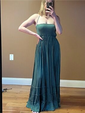 Free People Forest Green Smocked Maxi Dress